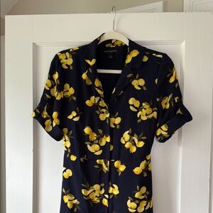 Navy Midi Dress with Yellow Lemon Print